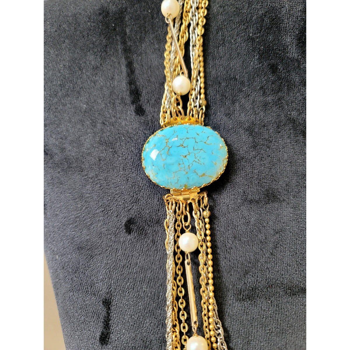 Vintage Layered Chain Necklace Turquoise Stone Faux Pearl Gold Tone Boho Chic