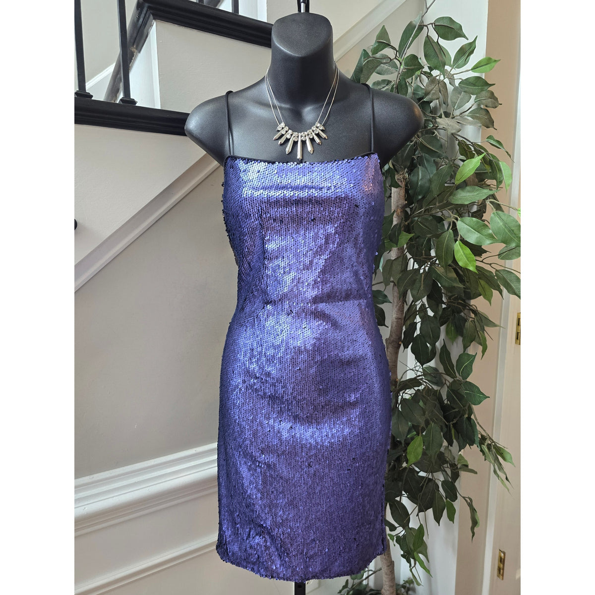 Quii Bodycon Dress Women's Small Purple Sequin Open Back Criss-Cross Straps