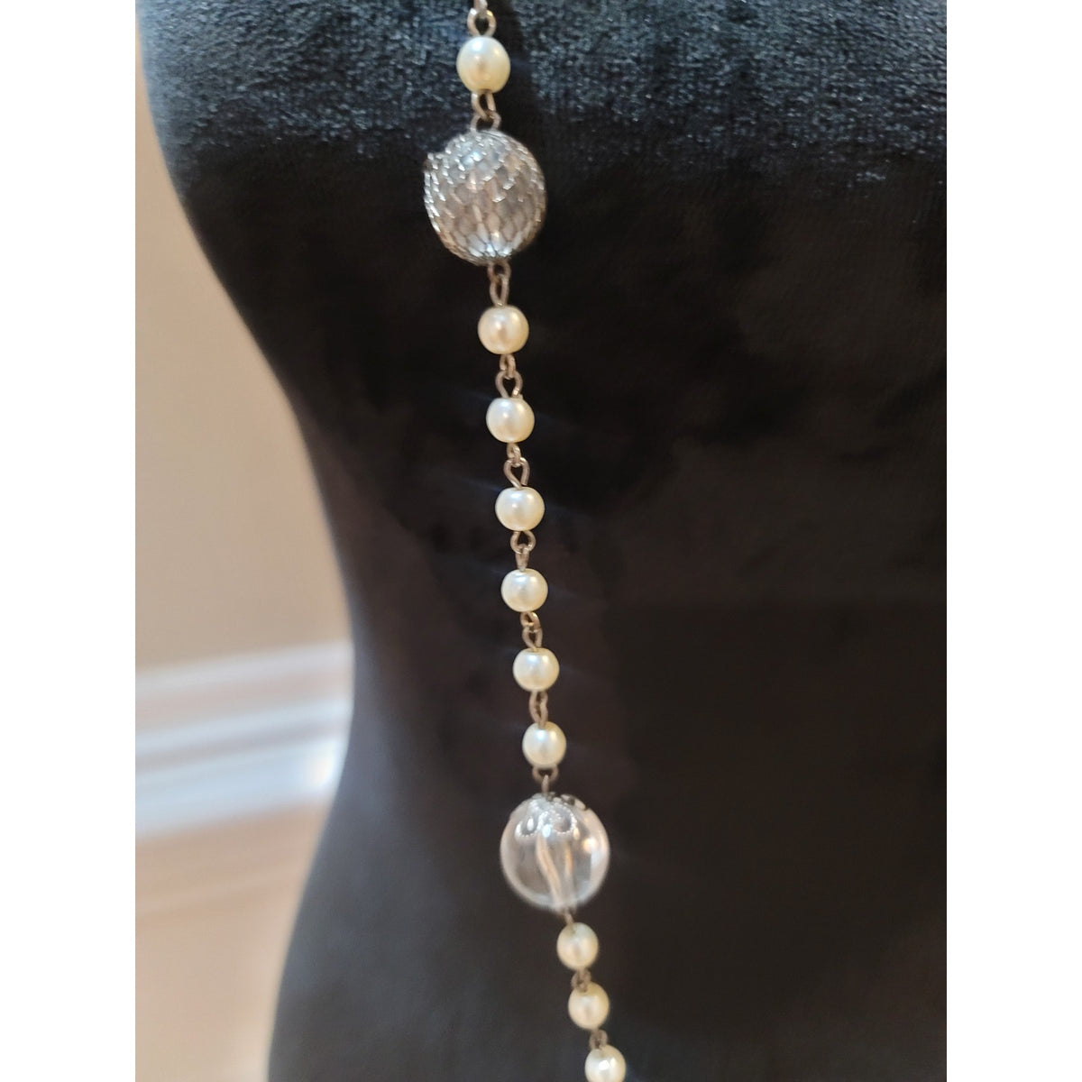 Women's Long Pearl Beaded Necklace With Silver And Clear Beads Lobster Clasp
