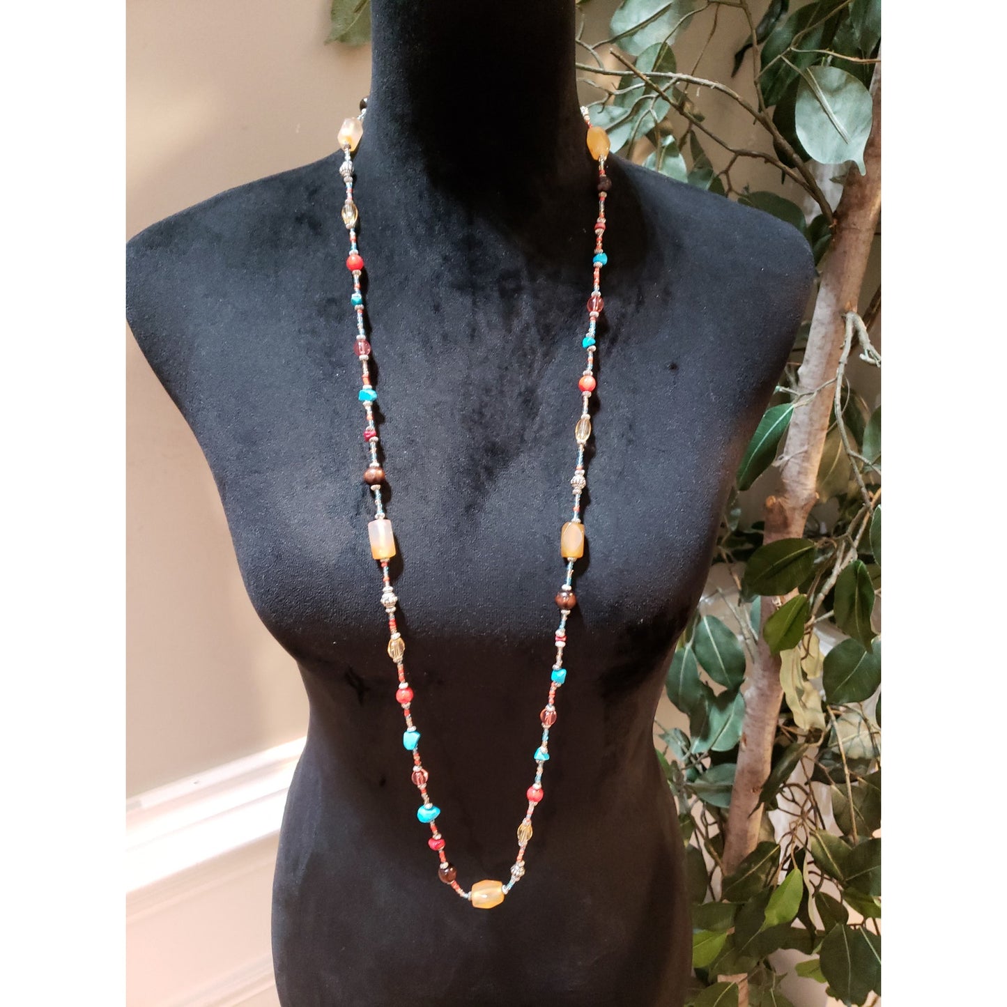 Womens Fashion Colorful Natural & Glass Beads Haematite Spacers Long Necklace