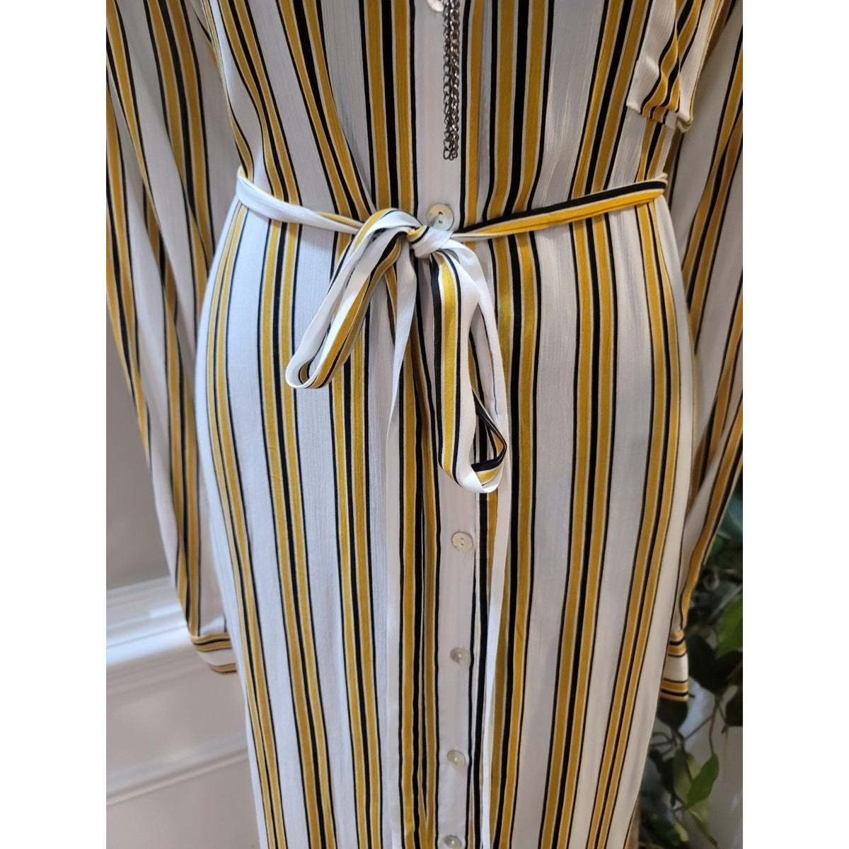 Forever 21 Shirt Dress Women's 2X White Yellow Stripes Collared Long Sleeves