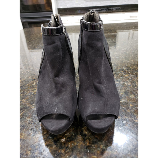 Fergalicious Booties Womens Size 7.5 Black Suede Peep Toe Stiletto Heel Back Zip