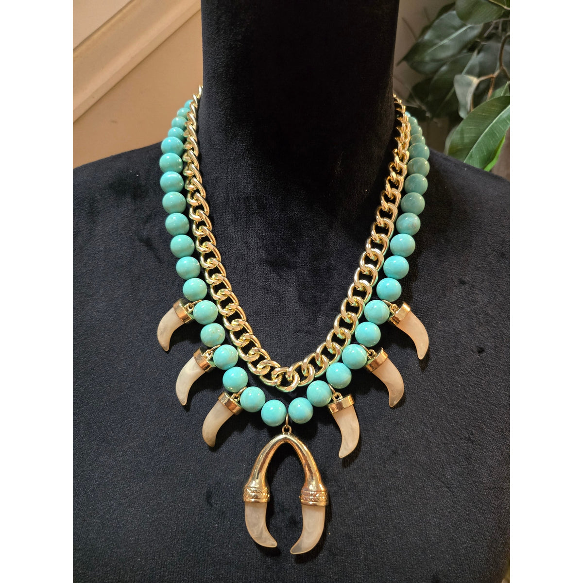 Women's Turquoise Bead Necklace Gold Chain Tusk Pendant Statement Chunky Bib