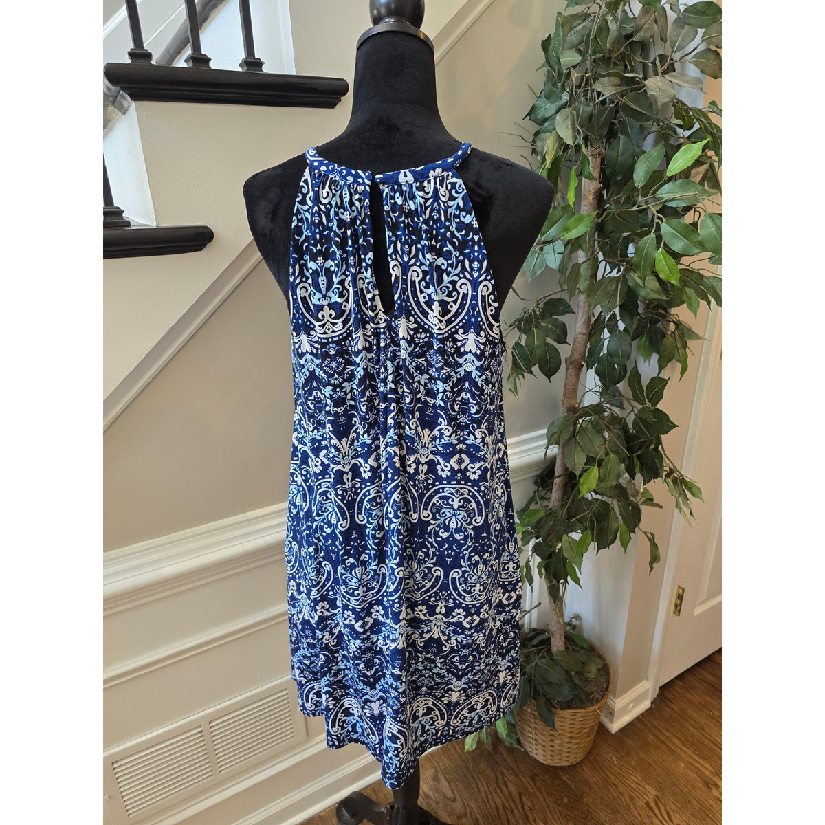 Jones New York A-Line Dress Women's Medium Blue Damask Halter Neck Shelf Bra