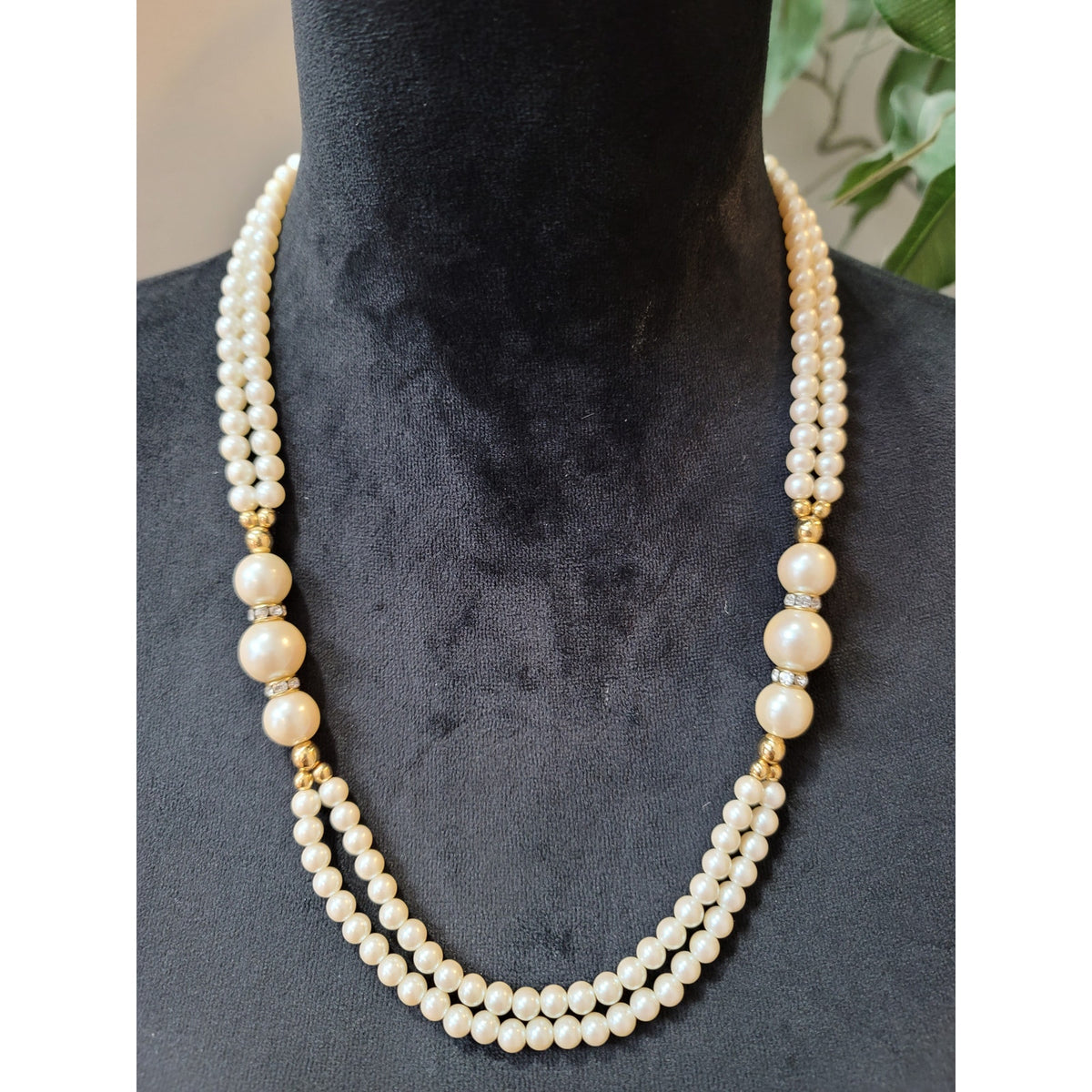 Women's Double Strand Pearl Necklace with Gold Accents and Clasp Lock