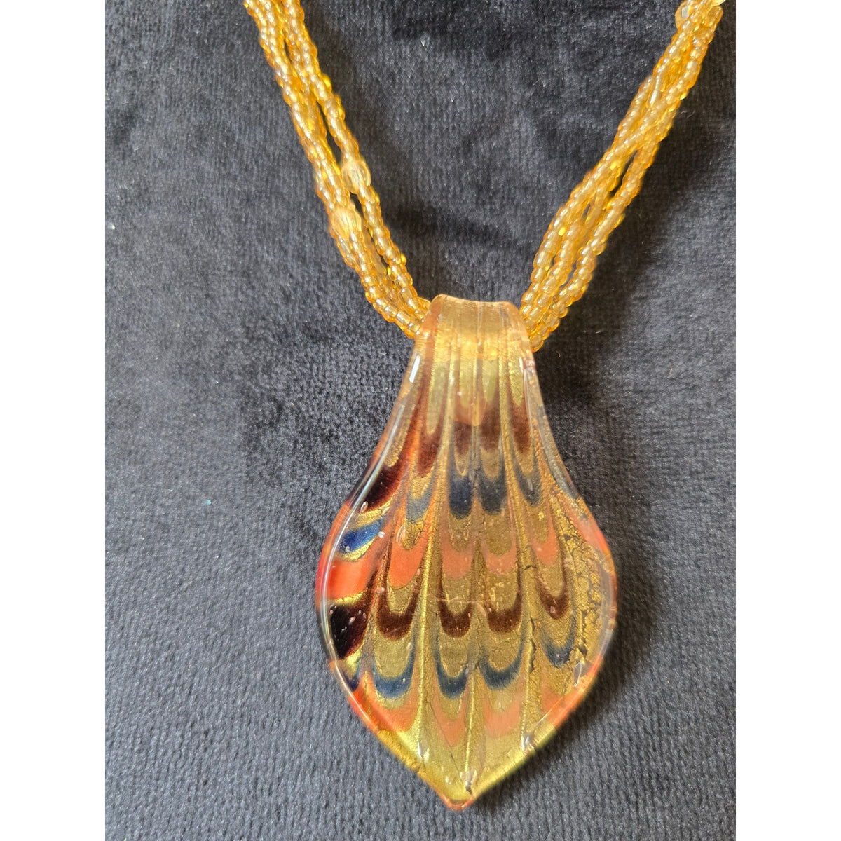 Gold Tone Multi Strand Beaded Necklace Enamel Pendant Boho Statement Jewelry