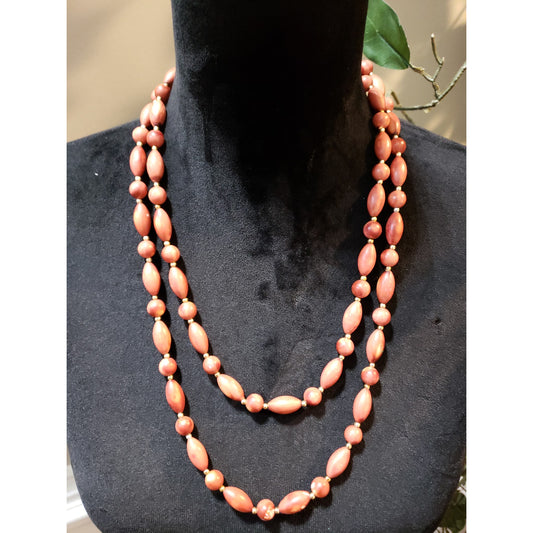 Women's Long Beaded Necklace Pink/Brown Oval Round Beads Lightweight Strand
