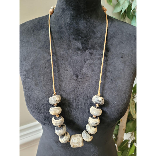 Women's Natural Wooden Bead Necklace with Adjustable Leather Cord