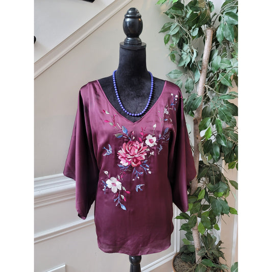 White House Black Market Top Women Size L Purple 100% Polyester Floral Kimono