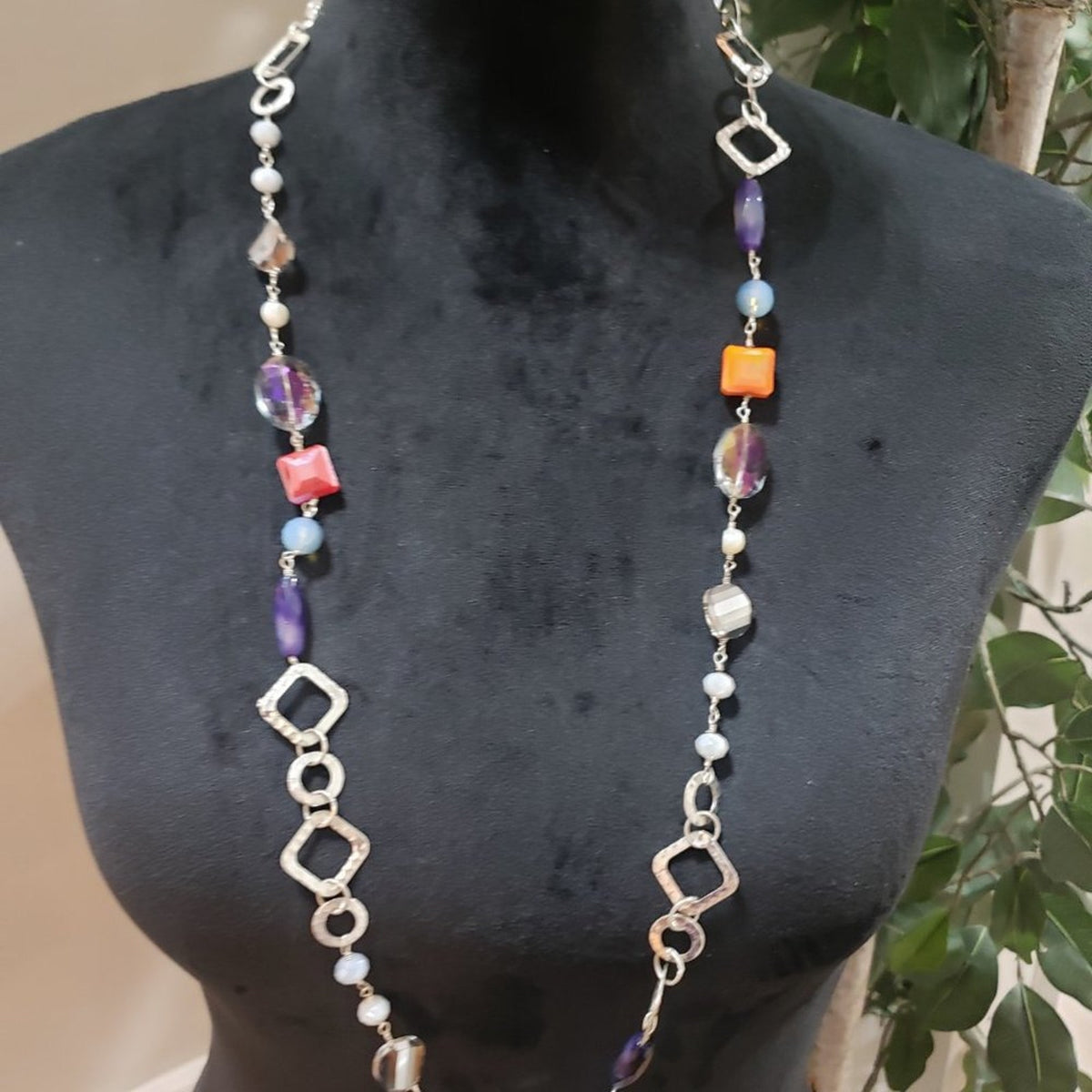 Women Fashion Silver Tone Beaded Multi Rhinestones Fascination Long Necklace