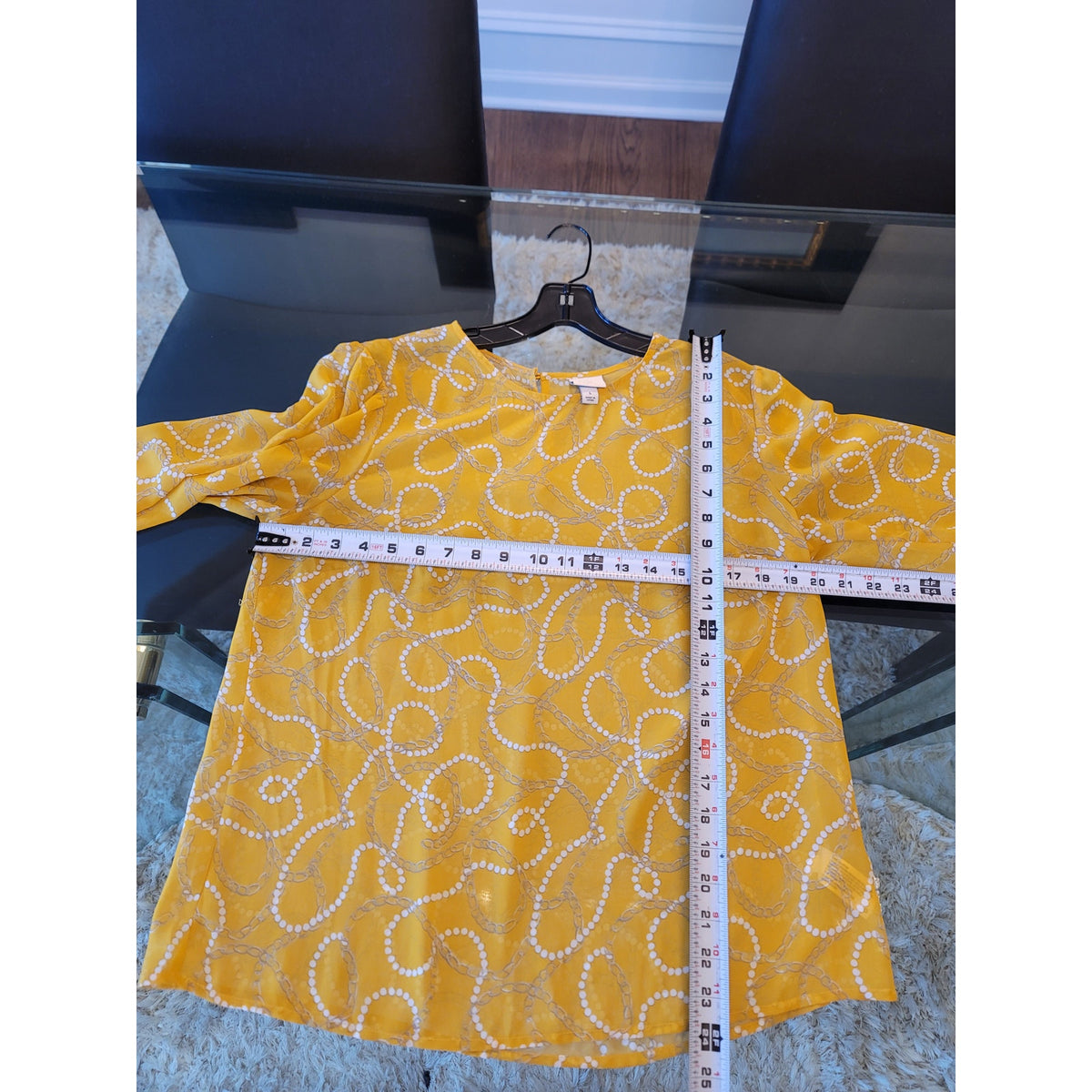 A .New Day Blouse L Yellow White Pearl Chain Crew Keyhole Long Sleeve Pullover