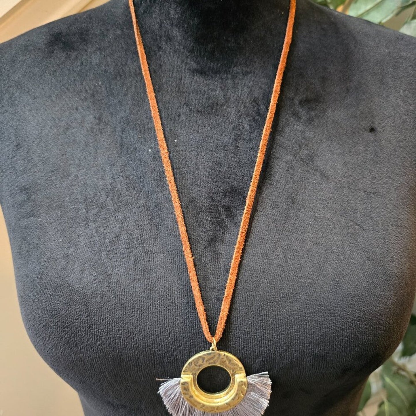 Womens Gold Tone Brass Circle Ethnic Tassel Necklace Jewelry with Lobster Clasp