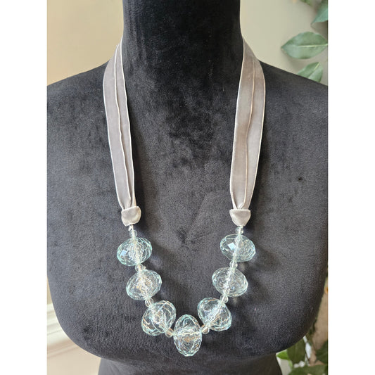 Women's Clear Glass Bead Necklace With Velvet Ribbon Tie For Elegant Style