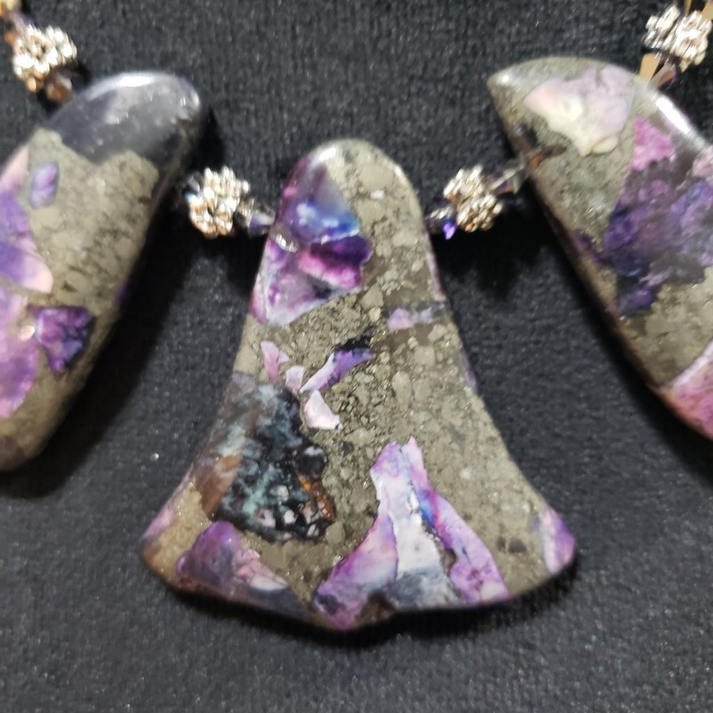 Women Purple Impression Jasper Stone Hematite Beaded Necklace with Hook & Eye