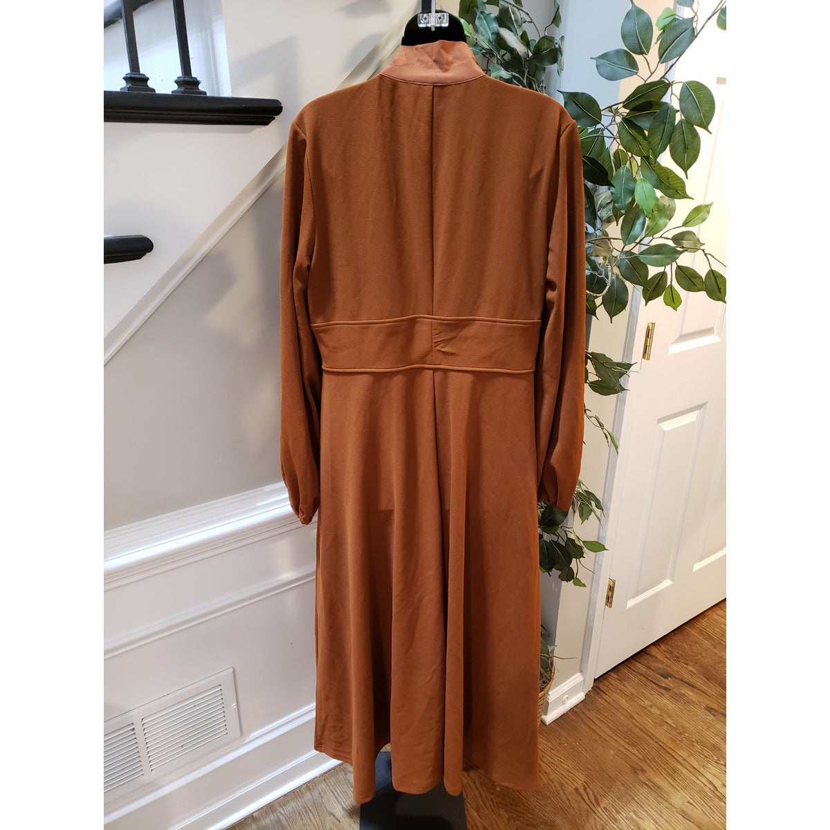 SHEIN Dress Women's XL Brown Empire Waist Double Button Detail Lantern Tie Neck