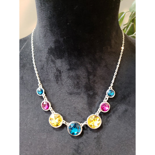 Women Silver Multi-Color Gem Necklace Vibrant Statement Crystal Fashion Jewelry