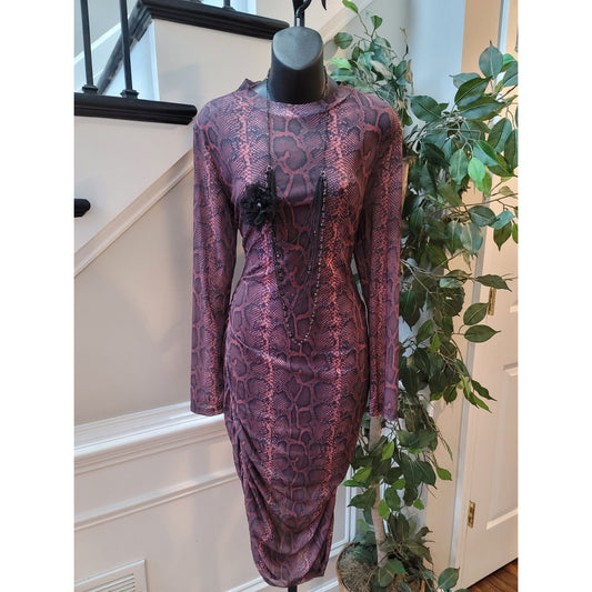 Bodycon Dress Women XL Purple Snake Print Mock Neck Long Sleeve Ruched