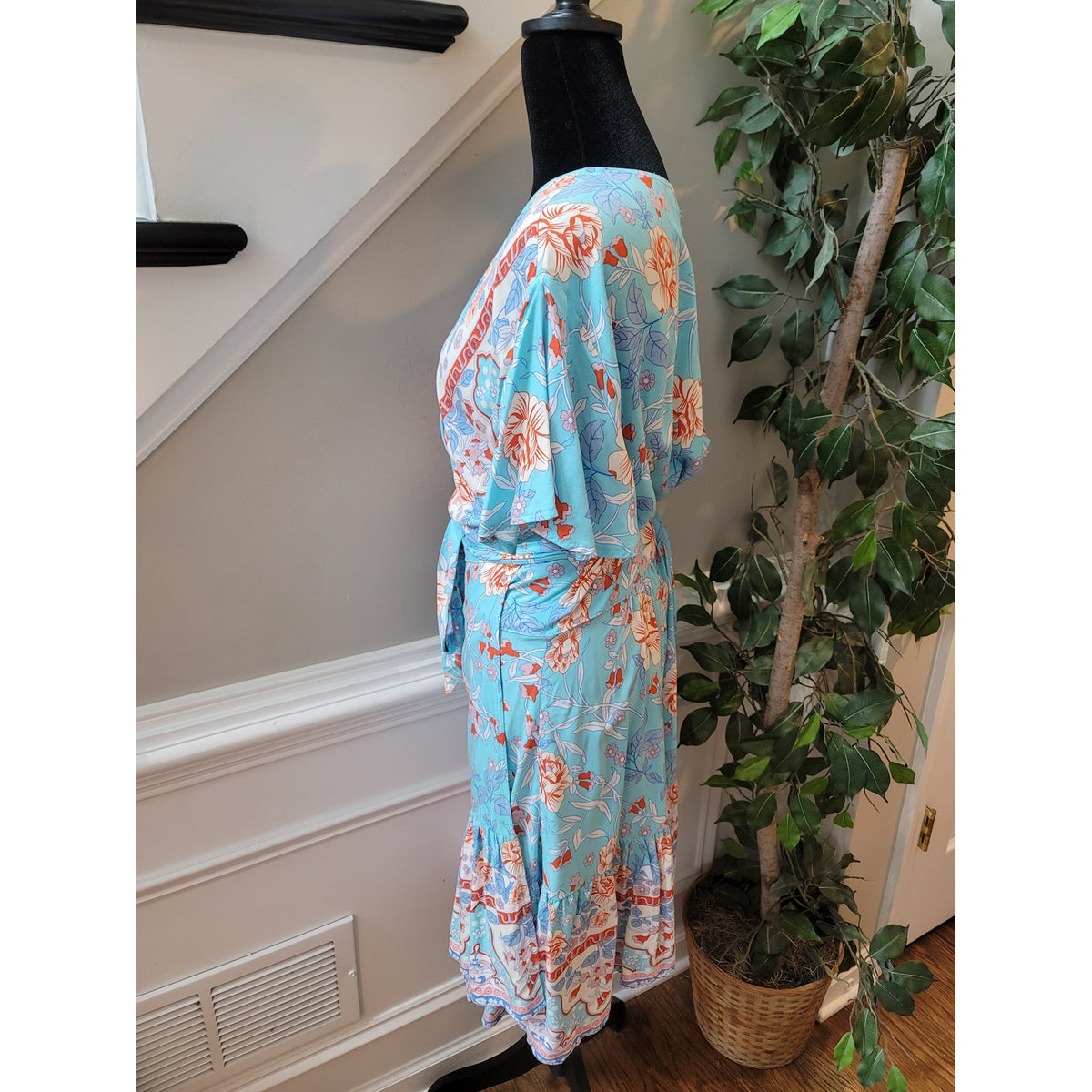 Zesica Dress Womens XL Blue Floral Wrap Short Sleeve Boho Midi Summer Rayon