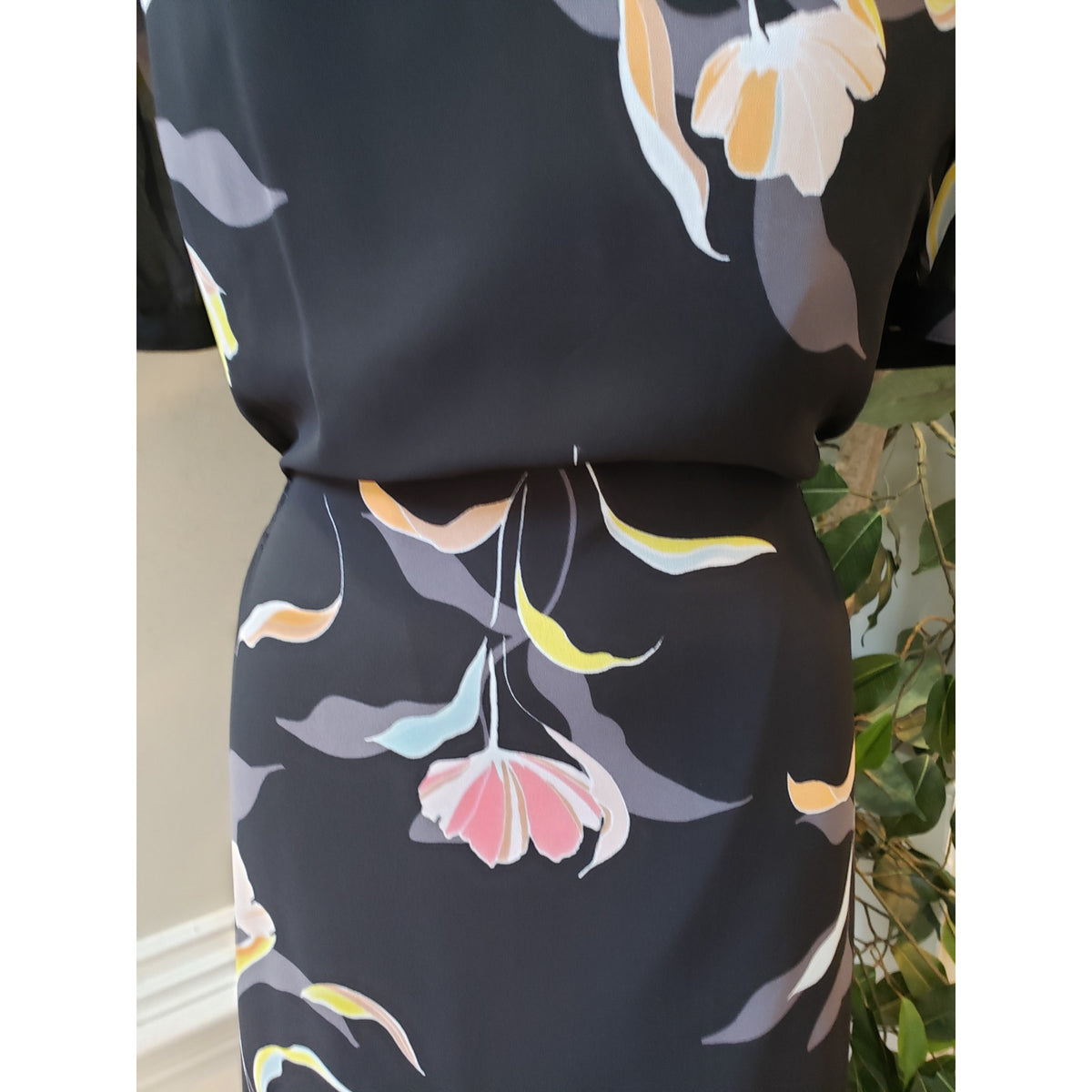 A New Day Long Maxi Dress Womens XL Black Floral Sheer Lined Short Sleeve V Neck