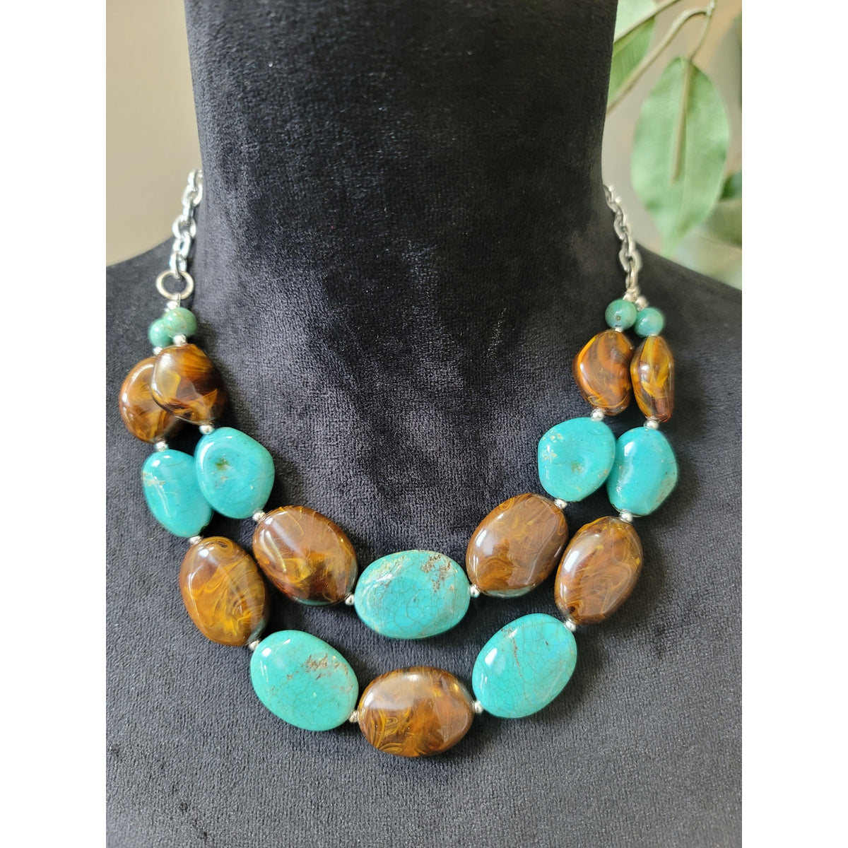 Women’s Chunky Jasper Beaded Statement Necklace With Silver Chain Adjust Clasp