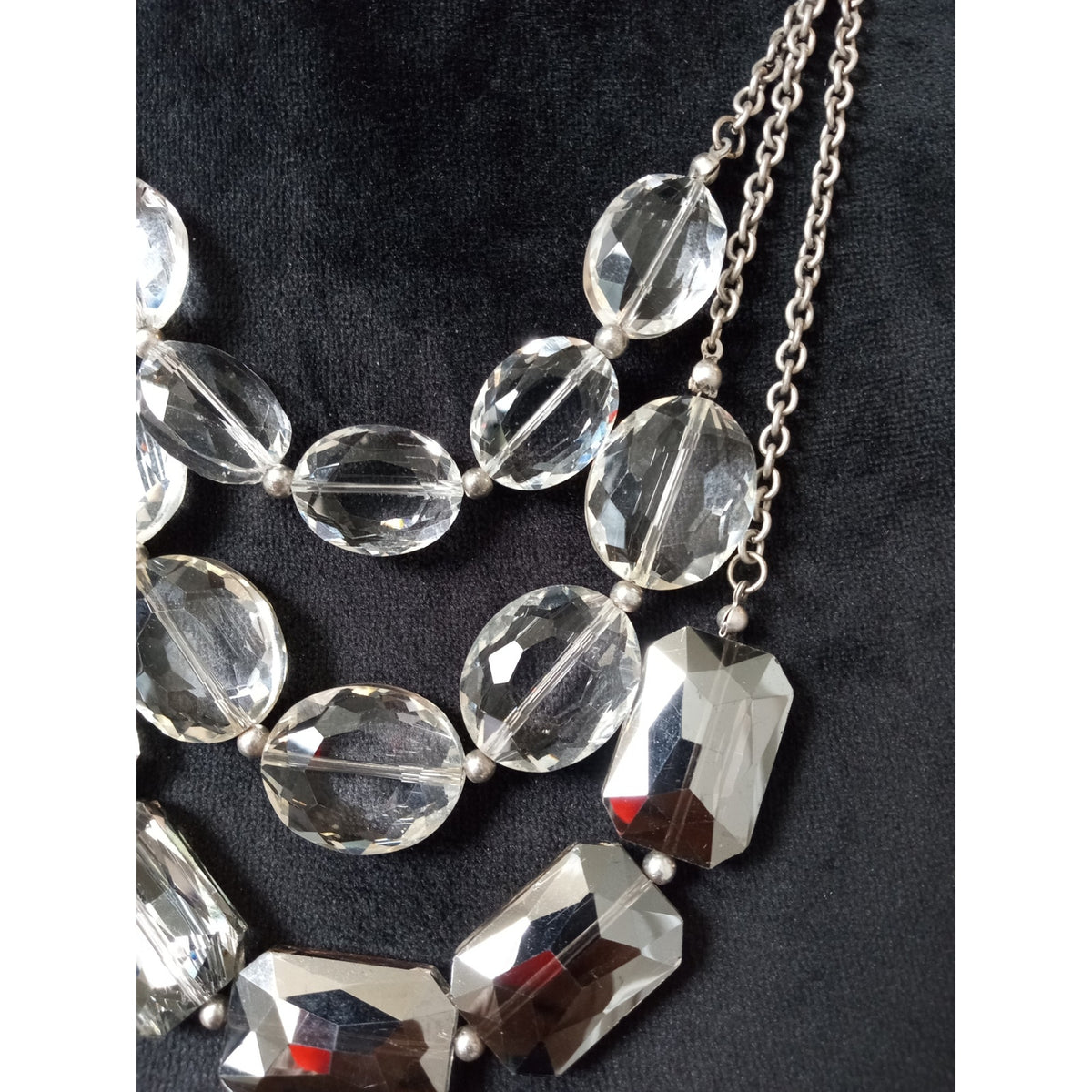 Silver Tone Clear Faceted Acrylic Bead Layered Statement Necklace Chunky Glam