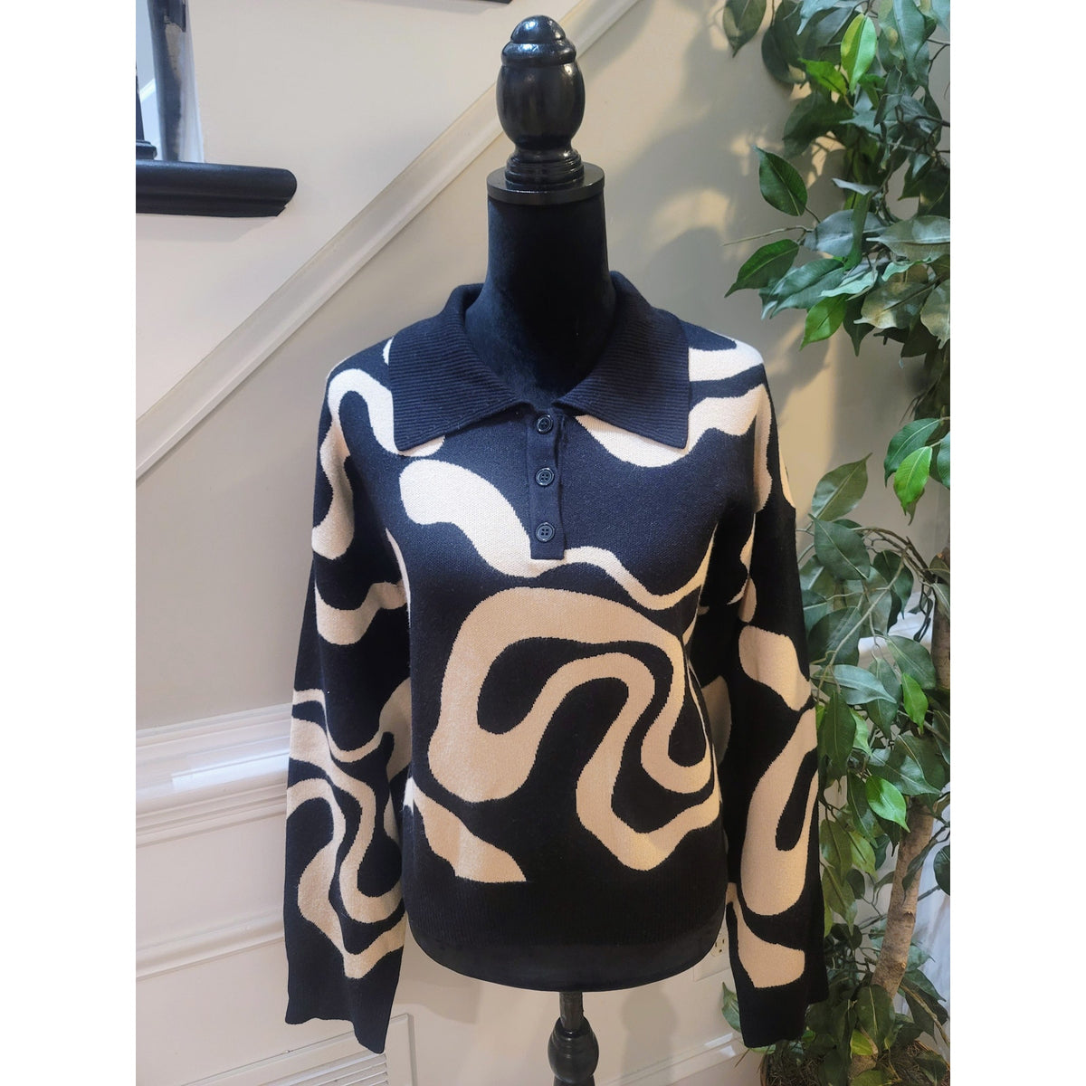 Cider Polo Sweater Women's 2XL Black/Beige Abstract Drop Shoulder Pointed Collar