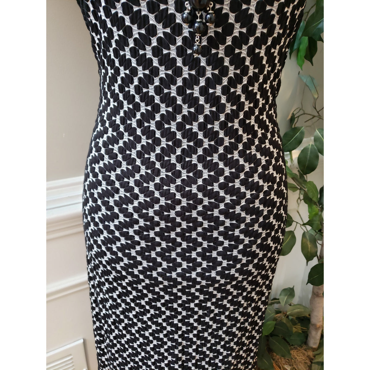 Max Studio Pencil Dress Women's XL Black White Geometric Cap Sleeve Boat Neck