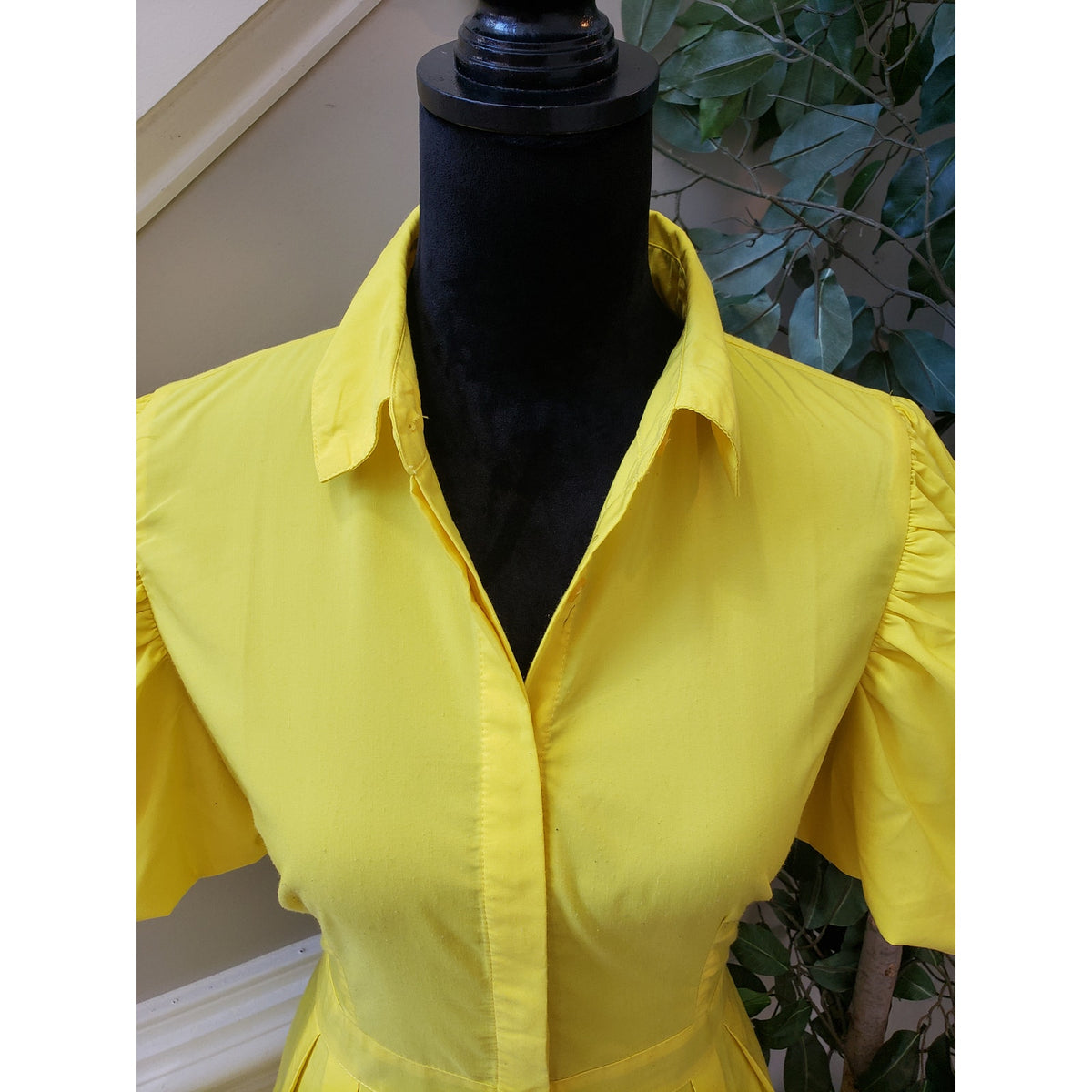 True Destiny A Line Shirt Dress Women's Large Yellow Puff Sleeve Button Down