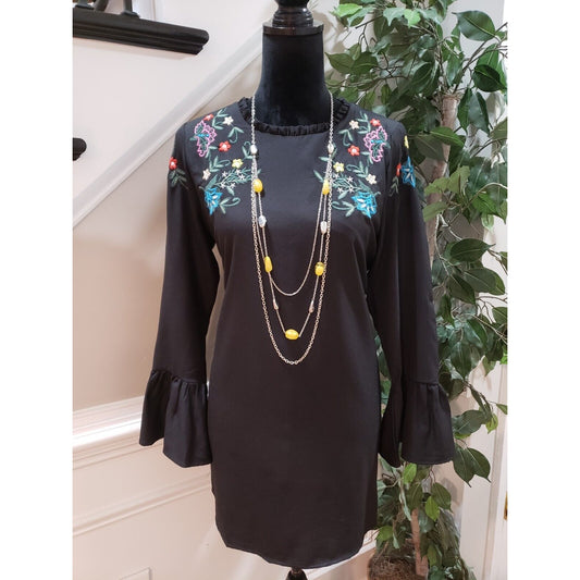 Zizai Black Embroidered Floral Frilled Collar Knee Length Shift Dress Size M