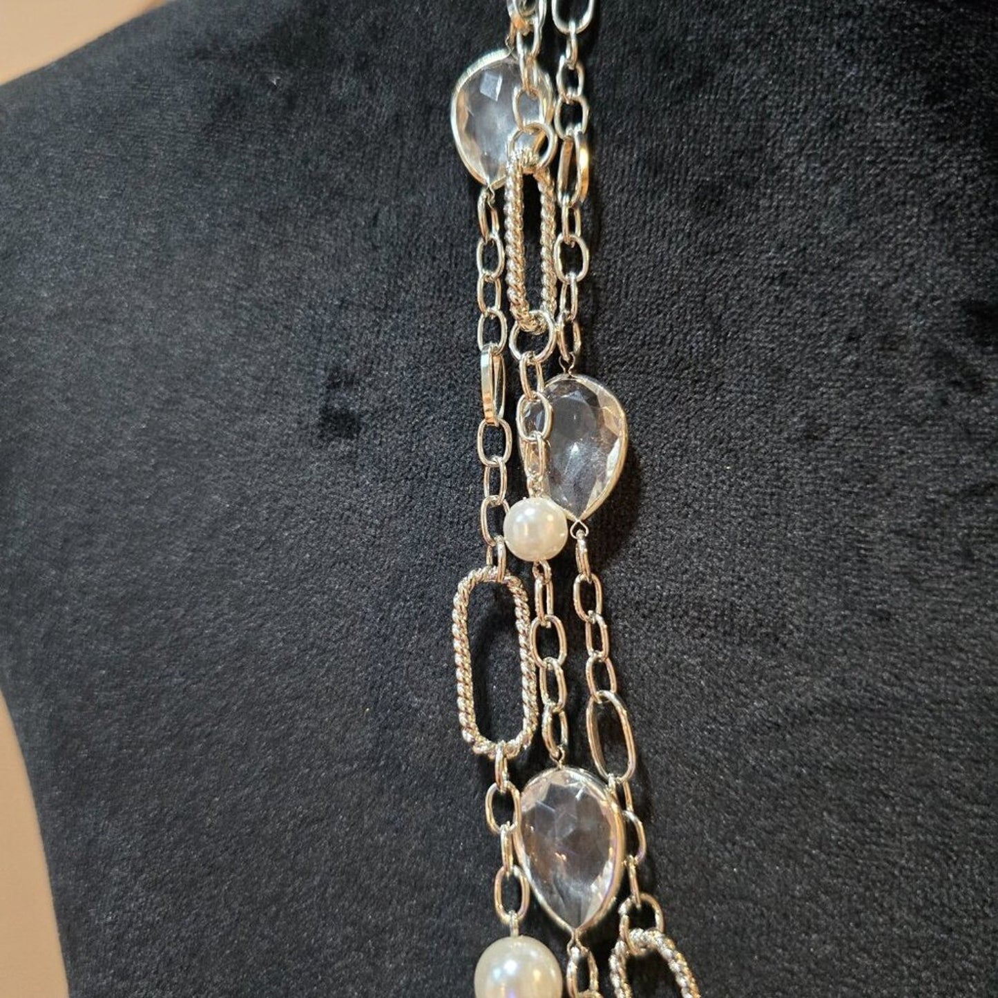 Women Fashion Silver White 3-Layer Chain Beaded Long Necklace with Lobster Clasp