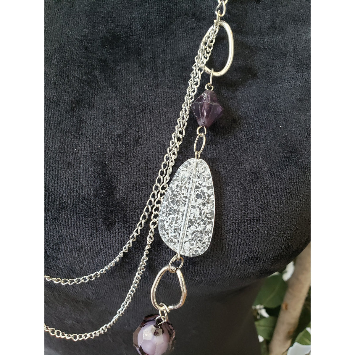 Womens Silver Tone Three Strand Faceted Purple Crystal Beads Statement Necklace