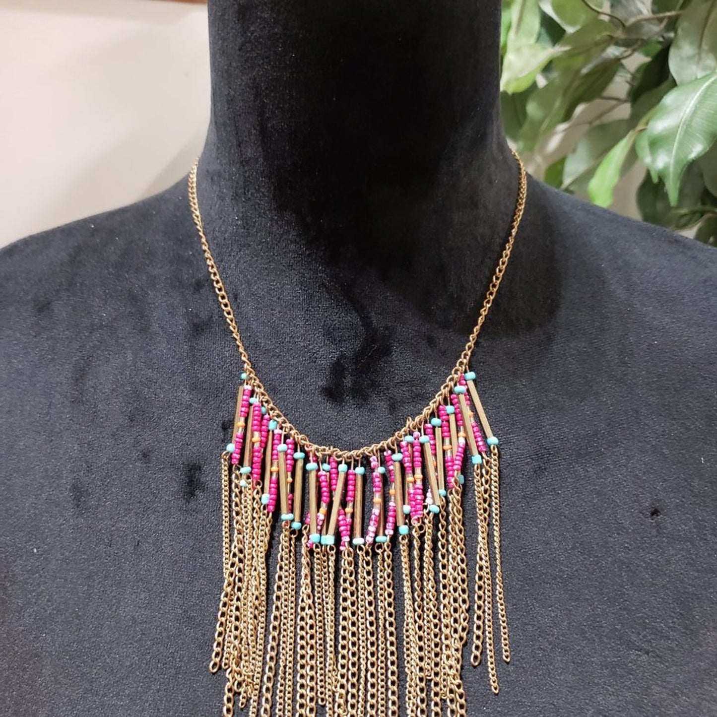 Womens Fashion Boho Layered Fringe Seed Bead Gold Tone Statement Necklace
