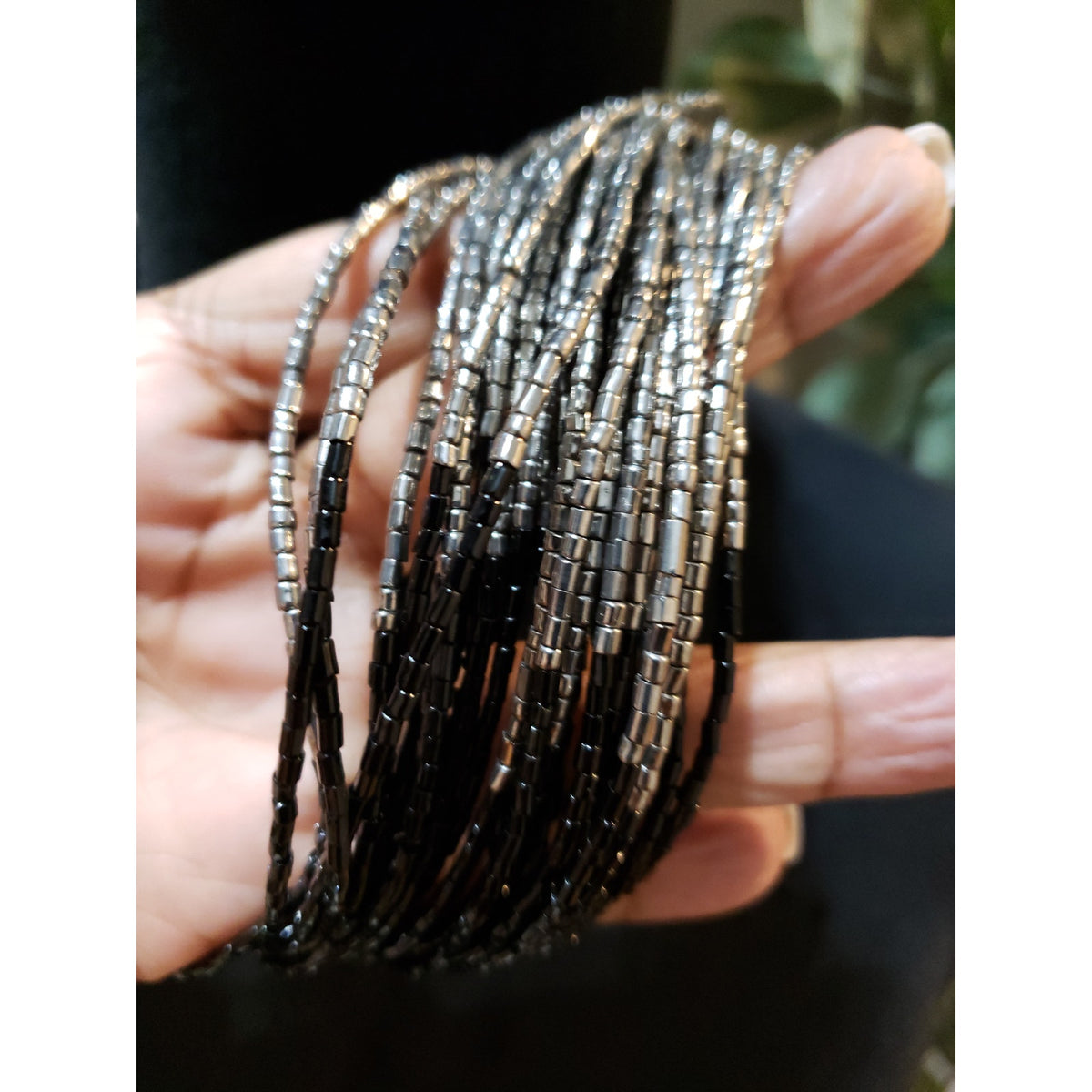 Women Black & Silver Multistrand Beaded Necklace Layered Statement Jewelry