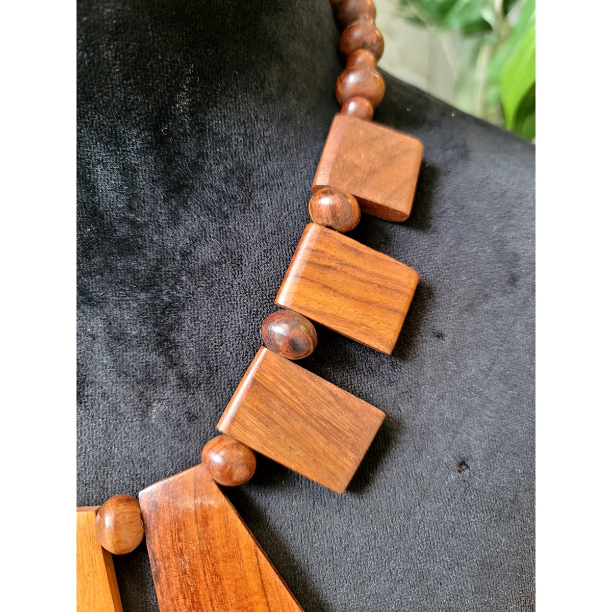 Wood Geometric Statement Necklace Brown Beaded Tribal Boho