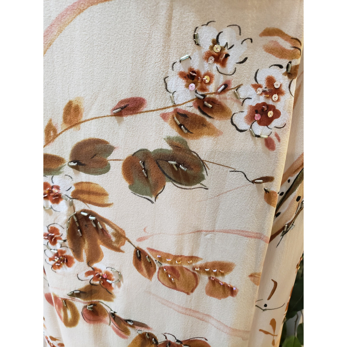 Adrianna Papell Evening Maxi Dress Women's 6 Beige Silk Beaded Floral Back Zip