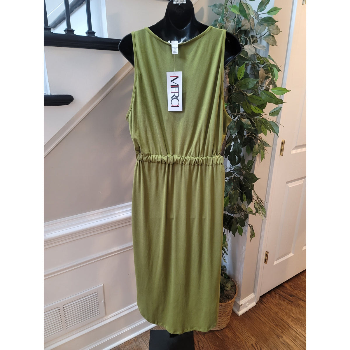 Capella Midi Dress Women Large Green V-Neck Cinched Drawstring Waist Curved Hem