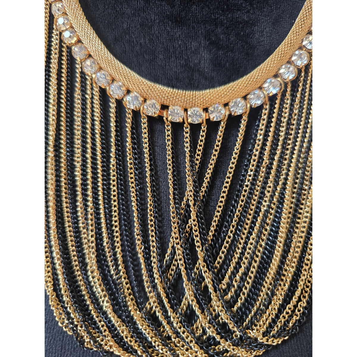 Gold Tone Multi Strand Draped Chain Bib Statement Necklace Rhinestone Fashion