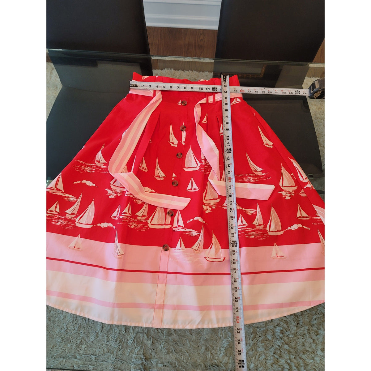 Her Destiny Midi Skirt Women's Large Red Sailboat Print Belt Loops Buttons Front