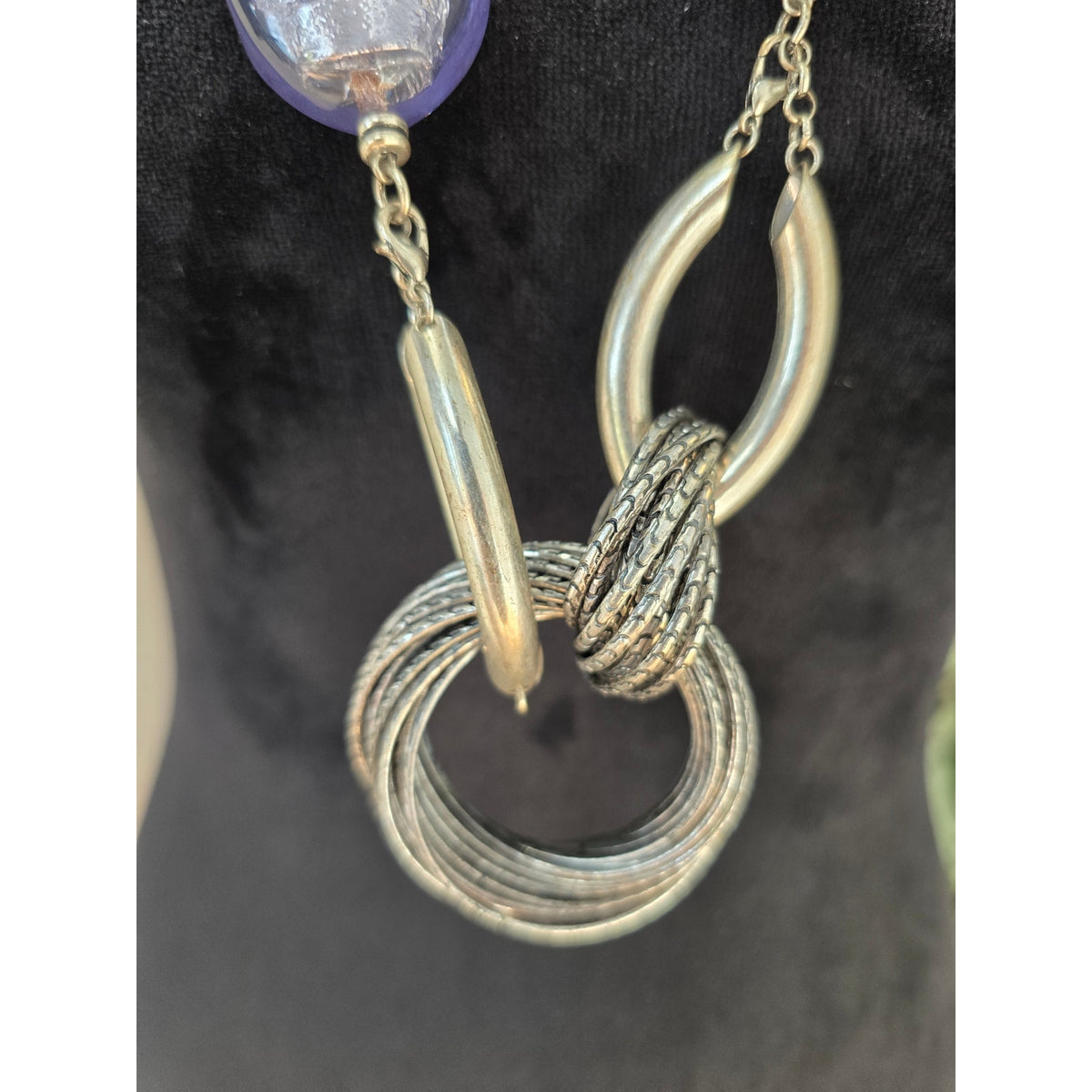 Long Purple Beaded Pendant Necklace Silver Tone Swirl Statement Jewelry