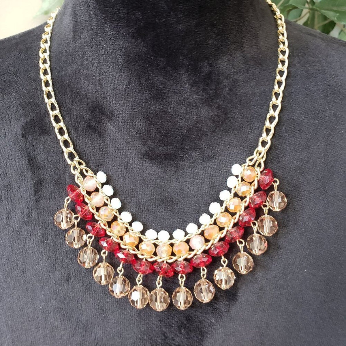 Women Multicolor Crystal Beaded Gold Tone Chain Necklace with Lobster Clasp