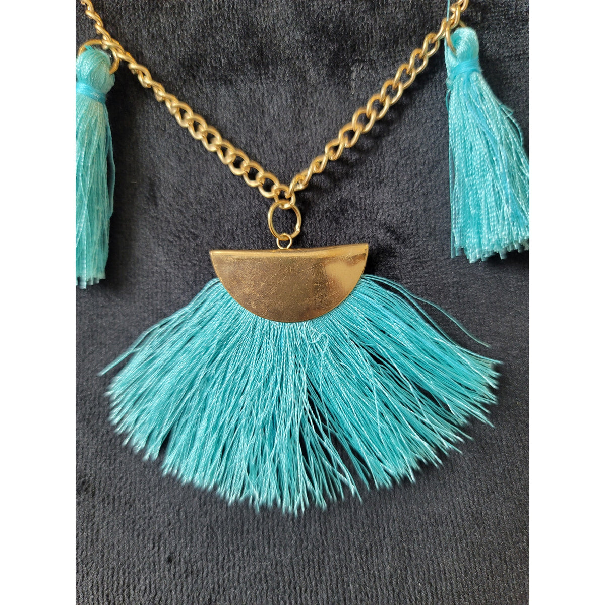 Womens Turquoise Tassel Statement Necklace with Gold Chain and Half-Moon Pendant