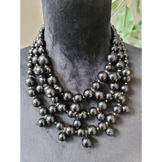 Women's Black Beaded Multi Strand Necklace With Gold Tone Hook Clasp Jewelry