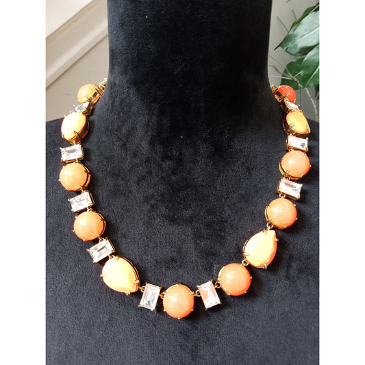 Orange Cabochon Rhinestone Statement Necklace Gold Tone Bib Vintage Style Chic