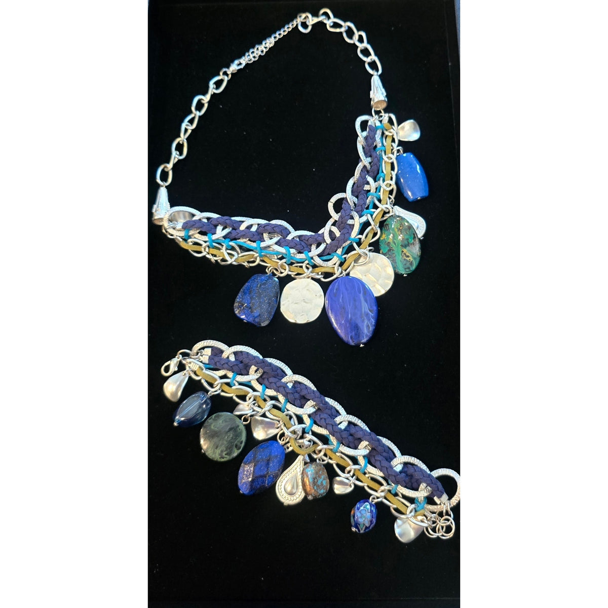 Boho Blue Green Chunky Stone Charm Statement Necklace and Bracelet Set Gold Tone