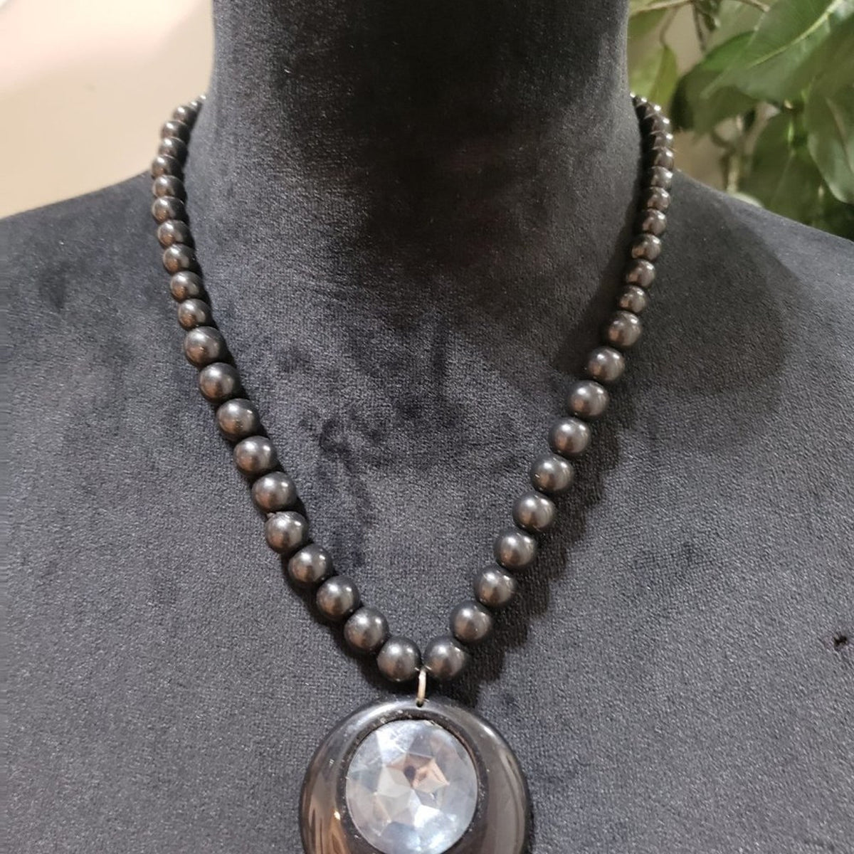 Women Fashion Black Gunmetal Beaded Clear Rhinestone Pendant Necklace w/ Lobster