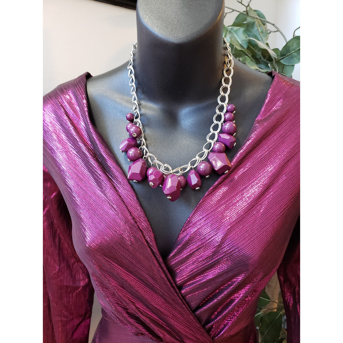 Women's Wrap Dress Small Purple Metallic Tight Waist Ruched Back Zip Deep V Neck