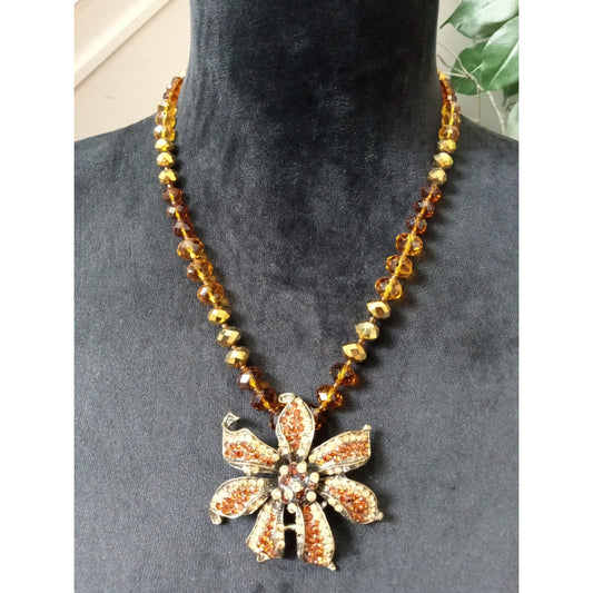 Vintage Amber Rhinestone Flower Pendant Necklace Gold Tone Beaded Statement