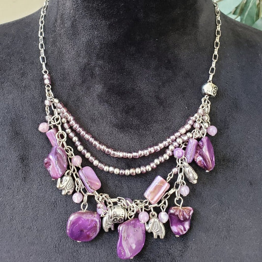 Womens Silver Tone Purple Hematite Beads Pearls Cluster Elephant Charm Necklace