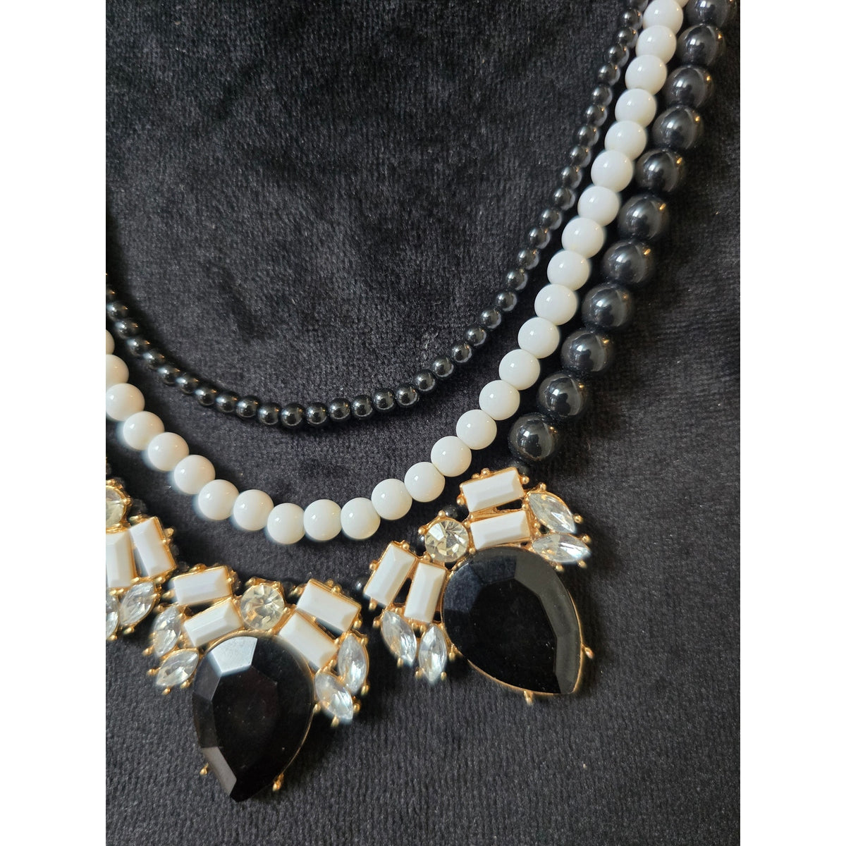 Black White Multi Strand Crystal Statement Necklace