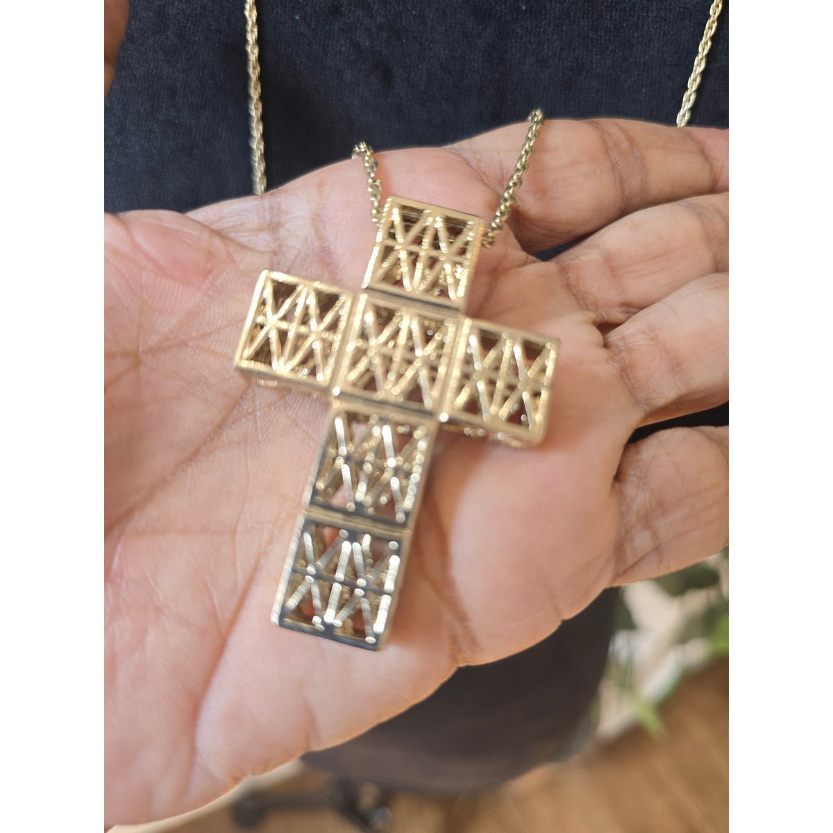 Gold Tone Rhinestone Cross Pendant Long Necklace Religious Statement Jewelry